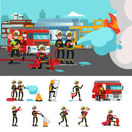 Colorful firefighting composition with rescue brigade extinguishing fire saving child and firefighters in different situations vector illustrationのイラスト素材