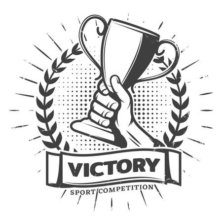 Vintage sport prize template with arm holding cup ribbon and laurel wreath in monochrome style isolated vector illustrationのイラスト素材