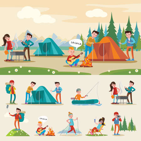 Traveling camping composition with relaxing eating fishing walking photographing singing and drinking tourists on outdoor recreation vector illustrationのイラスト素材