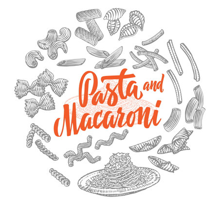 Italian food elements round composition with different types of pasta and macaroni in sketch style isolated vector illustrationのイラスト素材