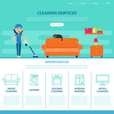 Cleaning company web page template with different services in flat style vector illustrationのイラスト素材