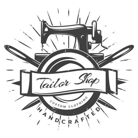 Vintage black tailor label template with inscription sewing machine and crossed needles on white background vector illustrationのイラスト素材