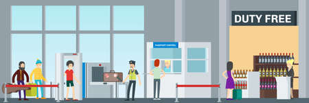 Colorful airport security banner with passengers passing baggage check and passport controlのイラスト素材