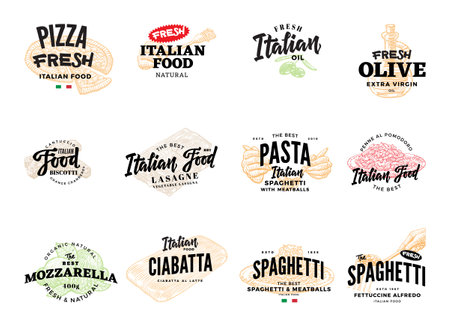 Sketch italian food logotypes collection for product design with traditional dishes and meals isolated vector illustrationのイラスト素材