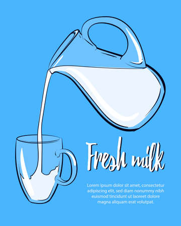 Natural diary product template with fresh milk pouring from pitcher to glass cup on blue backgroundのイラスト素材