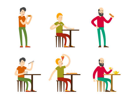 Flat eating men set tasting different meals dishes and drinking tea isolated vector illustrationのイラスト素材