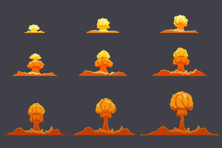 Bright flat explosion animation set with fog and smoke effects on gray background isolated vector...