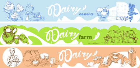Hand drawn dairy horizontal banners with healthy farm milk sweet products and elements vector illustrationのイラスト素材