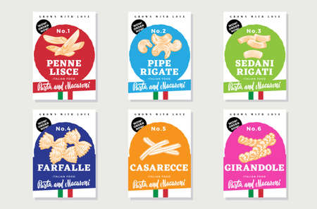 Vintage italian food posters with different types of pasta and macaroni in sketch style isolated vector illustrationのイラスト素材