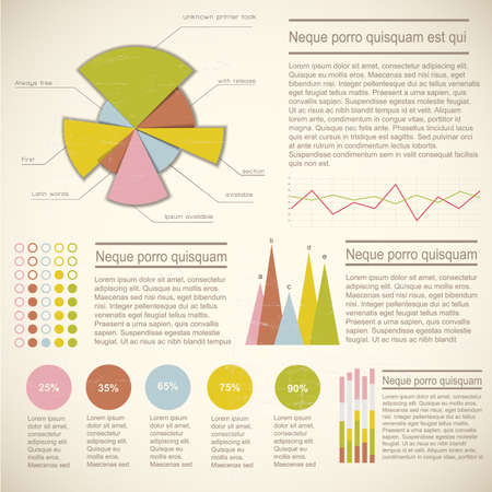 Infographic elements set with colorful diagrams of various shape statistics and text fields on grey background flat vector illustrationのイラスト素材