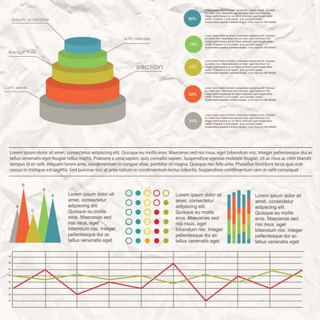 Flat chart infographic with different charts and graphs in background with effect of crumpled paper vector illustrationのイラスト素材