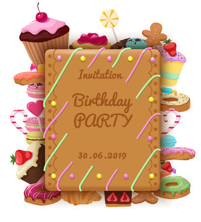 Birthday invitation template with rectangular frame cakes, macaroons, donuts, cookies, lollipops, croissant, muffins and sweet productsのイラスト素材