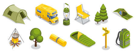 Isometric camping elements setのイラスト素材