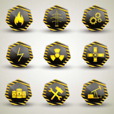 Black and yellow industrial icons set with various warning signs isolated on grey background flat vector illustrationのイラスト素材
