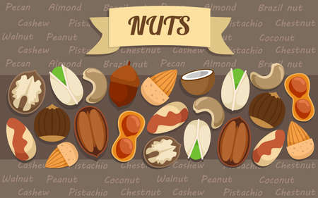 Flat healthy organic food icons set with nuts of different sorts isolatedのイラスト素材