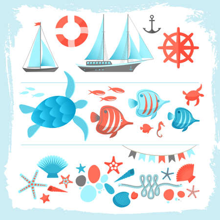 Summer colored icons set with yacht equipment sailboat anchor rope sea turtle starfish framed by brush flat vector Illustrationのイラスト素材