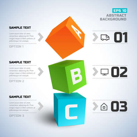 Geometric infographic elements with 3d cubes text line icons three options on light background vector illustrationのイラスト素材