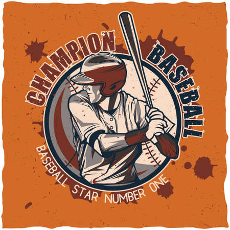 Baseball t-shirt label design with illustration of baseball playerのイラスト素材