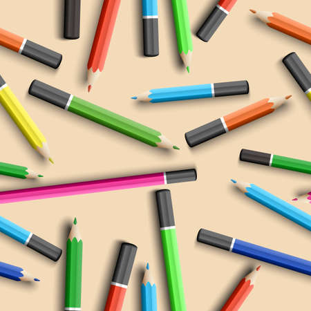 Back to school seamless pattern with colorful wooden pencils in realistic style vector illustrationのイラスト素材