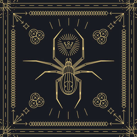 Thin line spider hipster label.  Insect animal, vintage and retro, golden frame. Vector illustrationのイラスト素材