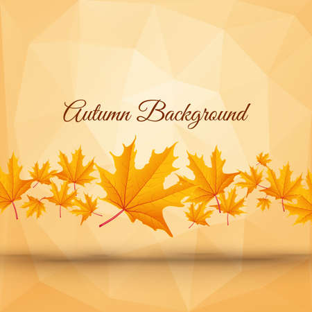 Realistic abstract autumn poster with inscription and orange elegant maple leaves on light polygonal background vector illustrationのイラスト素材