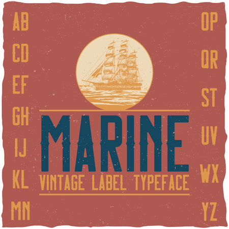 Nautical vintage label typeface and sample label design. Strong font, good to use in any vintage style labels.のイラスト素材
