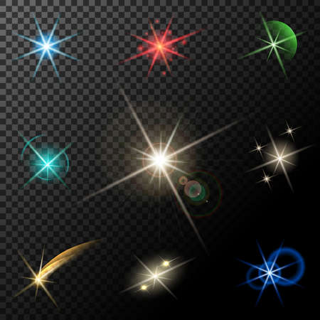 vector glowing lights, stars and sparkles on transparent backgroundのイラスト素材