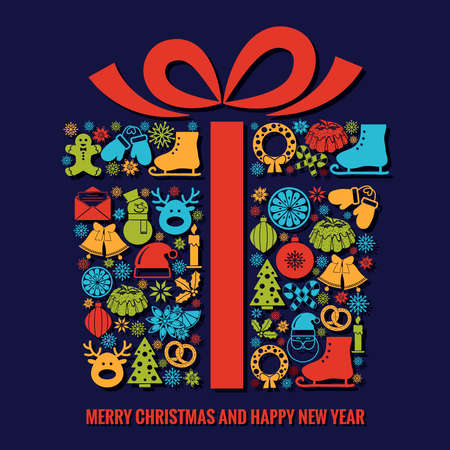 Christmas and New Year greeting card template with a selection of coloruful seasonal silhouette icons arranged in the shape of a Xmas gift box with ribbon with text belowのイラスト素材