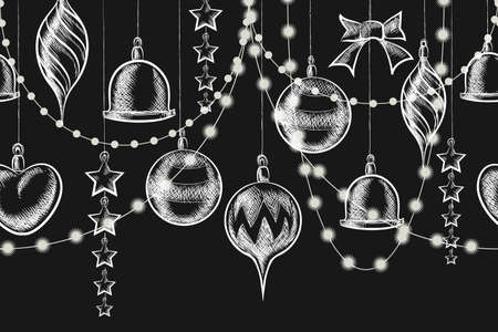Vector Christmas Chalkboard Ornament. Balls, garlands and stars on blackboardのイラスト素材