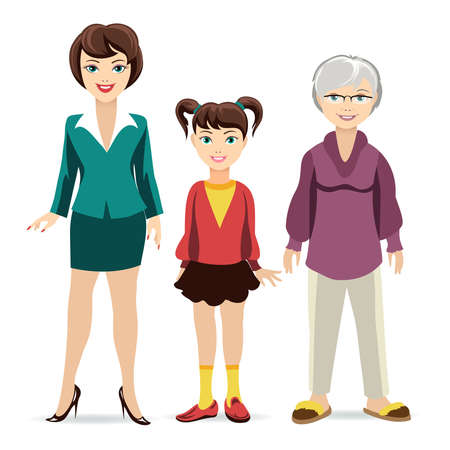 Three ages of women. Daughter, mother and grandmother. Generation and youth, maturity and old age. Vector illustrationのイラスト素材