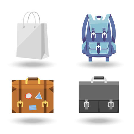 Set of four baggage vector illustrations with a white paper carrier or shopping bag  suitcase with labels  briefcase and backpack or rucksackのイラスト素材