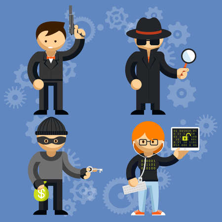 Set of colored cartoon vector characters involved in criminal activities with a man wielding a handgun  burglar  detective and hackerのイラスト素材