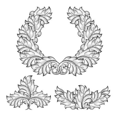 Vintage baroque floral leaf scroll ornament engraving frame element set. Decorative victorian retro abstract design style, vector illustrationのイラスト素材