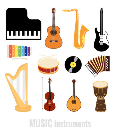 vector music instruments flat icons isolated on white backgroundのイラスト素材