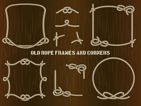Set of Old Rope Frames and Corners in Different Unique Styles on Abstract Brown Background.のイラスト素材