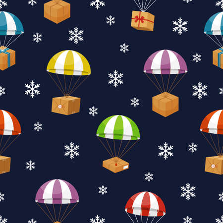 Gift Delivery in winter sky with snowflakes.  Gifts Parachute. Vector illustrationのイラスト素材