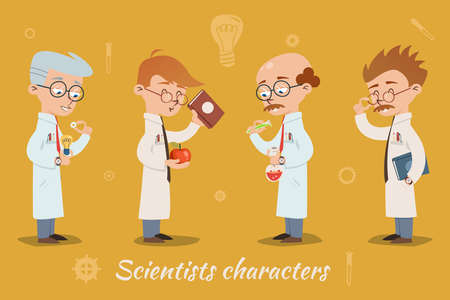 Set of four vector scientist characters wearing glasses and lab coats and holding books  lab glassware or equipment spanning different ages  all menのイラスト素材