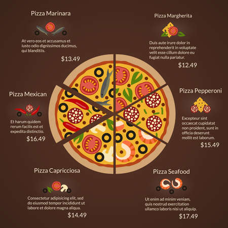 Round pizza with different sort slices and ingredients in flat vector style. Seafood and margherita, capricciosa and pepperoni, mexican and marinaraのイラスト素材
