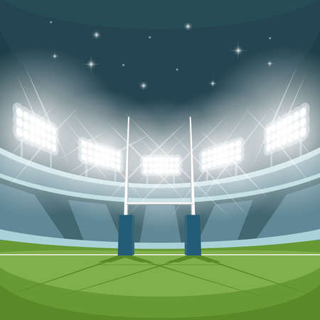 Rugby stadium with lights at night. Night light, game and goal, floodlight bright, spotlight and ground, vector illustrationのイラスト素材