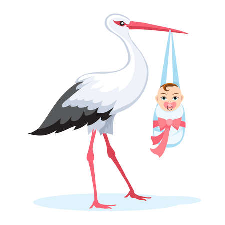 Stork carrying in baby in bundle isolated on white. Vector illustrationのイラスト素材