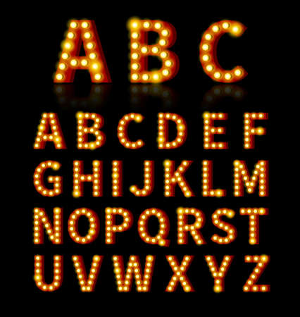 Lightbulb font. Text and sign, bulb bright, alphabet design. Vector illustrationのイラスト素材