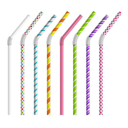 Color drinking straws vector set. Tube and pipe, object colorful, stripe and bend illustrationのイラスト素材
