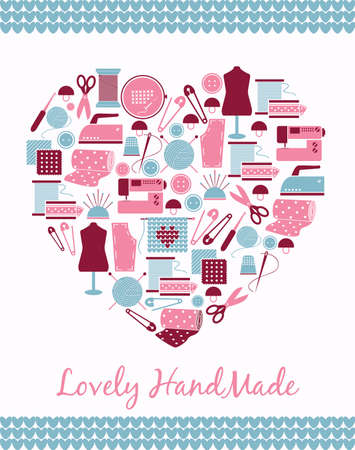 Lovely handmade. Heart shape sign of sewing, knitting and pattern pieces. Vector illustrationのイラスト素材