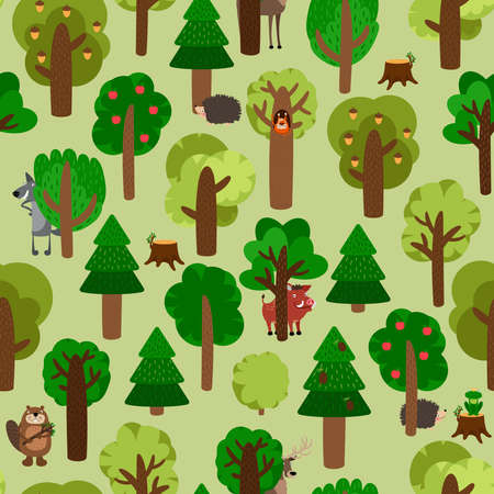 Seamless pattern of green trees with animals. Hedgehog, wild boar, squirrel, wolf, beaver and deer. Vector illustrationのイラスト素材