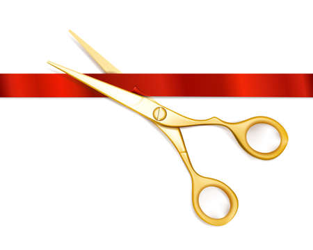 Scissors cut red ribbon. Open ceremony scissors, event celebration, business beginning, new start. Scissors and red ribbo vector illustrationのイラスト素材