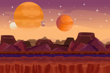 Cartoon sci-fi  game vector seamless background. Alien planet landscape. Mountain and crater, visualization fantasy, nature view graphic illustrationのイラスト素材