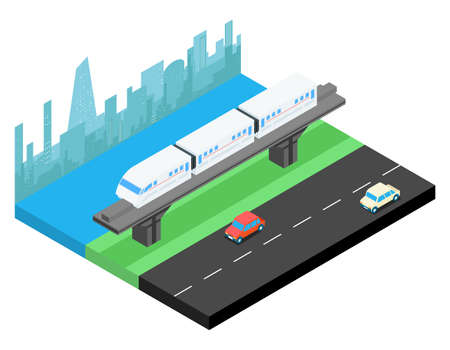 Sky train and city skyline isometric. Railway transportation, railroad urban, vector illustrationのイラスト素材