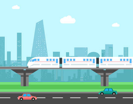 Train and cityscape. Transportation vector concept. Transport city, railroad and traffic, vector...