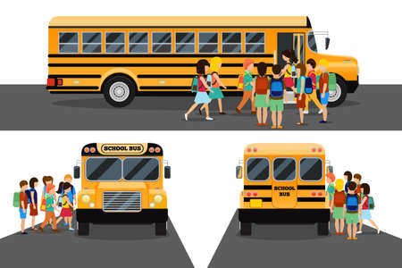 Children get on school bus. Transportation pupil or student, transport and automobile. Vector...