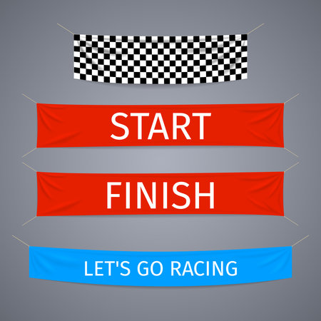 Start and finish textile banners vector set. Flag sport race, competition finishing, winner success illustrationのイラスト素材